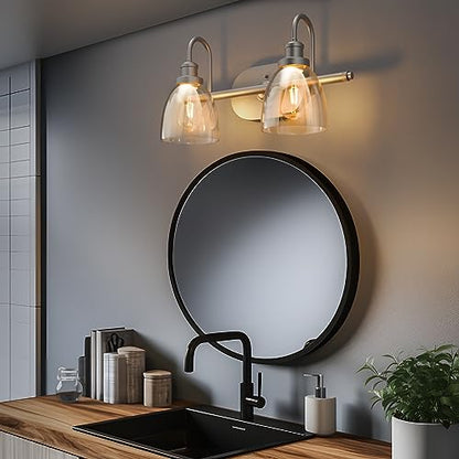 NeuType 2-Light Bathroom Light Fixtures, Brushed Nickel Vanity Light, Bathroom Light Fixtures Over Mirror, Vanity Lights for Bathroom with Clear Glass Shade