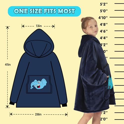 yescool Wearable Blanket Hoodie for Kids - Oversized Sherpa Blanket Sweatshirt Kids with Pocket - Gifts for Kids Girls Boys - Portable Warm Travel Pillow - Teen Wearable Blankets - Blue Elephant