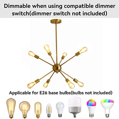 SUSVQLXG Gold Sputnik Chandeliers 8-Light Modern Pendant Light with E26 Base Adjustable Vintage Ceiling Light Fixture for Kitchen Dining Room Living Room Bedroom Hallway