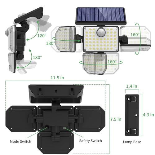VORZU Solar Motion Lights Outdoor Flood Light 182 LEDs 3000 Lumens Solar Security Lights Motion Sensor with 3 Modes Dusk to Dawn Sensor Luminaires Waterproof or Garage Garden Yard Patio Porch 2 Pack