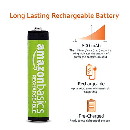 Amazon Basics AAA Rechargeable NiMH Performance Battery, 800 mAh, Recharge up to 1000 Times, Pre-Charged - Pack of 12