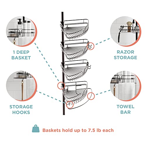Zenna Home Rust-Resistant Corner Shower Caddy for Bathroom, 4 Adjustable Shelves with Towel Bar and Hooks, with Tension Pole, for Bath and Shower Storage, 60-97 Inch, Bronze