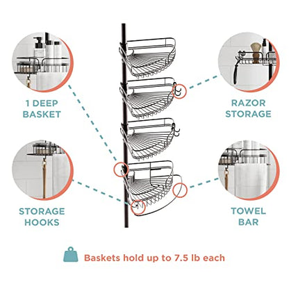Zenna Home Rust-Resistant Corner Shower Caddy for Bathroom, 4 Adjustable Shelves with Towel Bar and Hooks, with Tension Pole, for Bath and Shower Storage, 60-97 Inch, Bronze