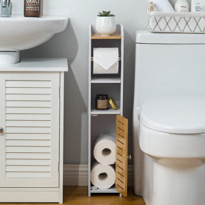 AOJEZOR Toilet Paper Holder Stand, Small Bathroom Storage Cabint (30''H Small Size(fit Small roll), Pure White/Bamboo)