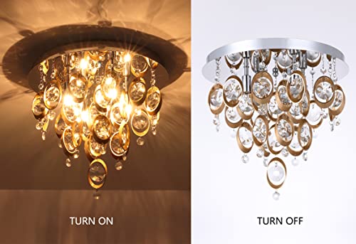 QQHOO Crystal Chandelier Lighting Fixture 4-Lights,G9 Close Flush Mount Ceiling Light for Bedroom Bathroom Kitche Island. (Copper)