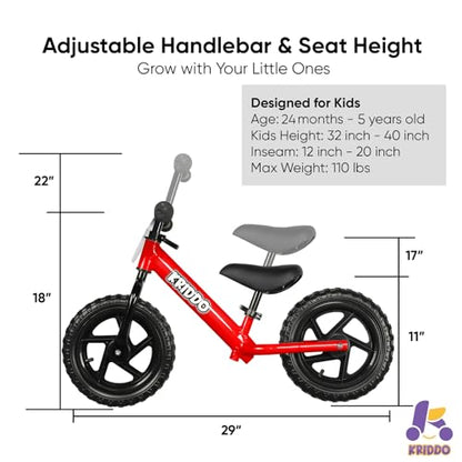KRIDDO Toddler Balance Bike 2 Year Old, Age 18 Months to 5 Years Old, 12 Inch Push Bicycle with Customize Plate (3 Sets of Stickers Included), Steady Balancing, Gift Bike for 2-3 Boys Girls, Red