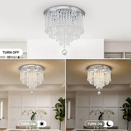 DSLITING Crystal Chandelier Ceiling Light Fixture Modern LED Chandelier 15.7'' Crystal Ceiling Light Small Flush Mount Chandelier Light Fixture for Bedroom Kitchen Dinning Room Living Room Chandelier