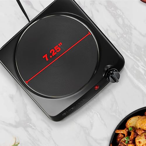 OVENTE Electric Countertop Single Burner, 1000W Cooktop with 7.25 Inch Cast Iron Hot Plate, 5 Level Temperature Controls, Compact Cooking Stove and Easy to Clean Stainless Steel Base, Black BGS101B