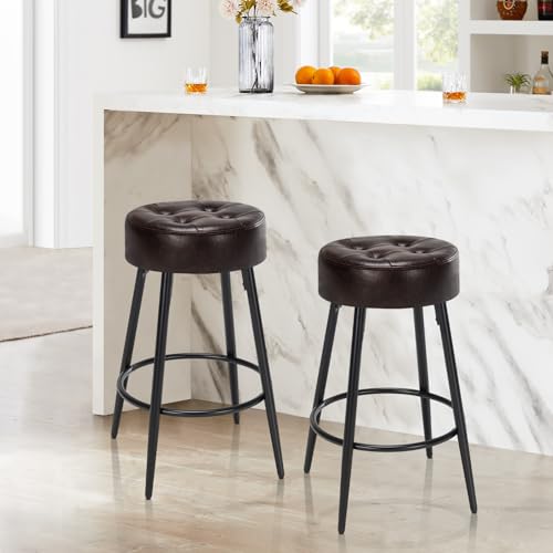 Furniliving 26" Farmhouse Round Leather Bar Stools, Mid-Century Bar Height Kitchen Stools with Footrest for Island Coffee Pub Shop Set of 2