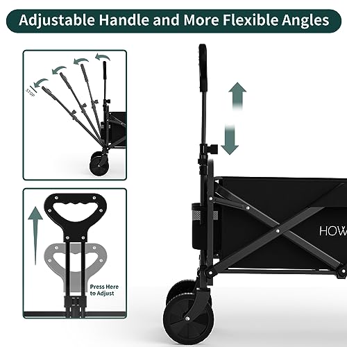 Collapsible Wagon, Wagon Cart with Wheels Foldable, Utility Wagon Cart with Wheels Foldable, Heavy Duty 100L Large with Drink Holders for Garden, Camping, Beach, Shopping(Black)