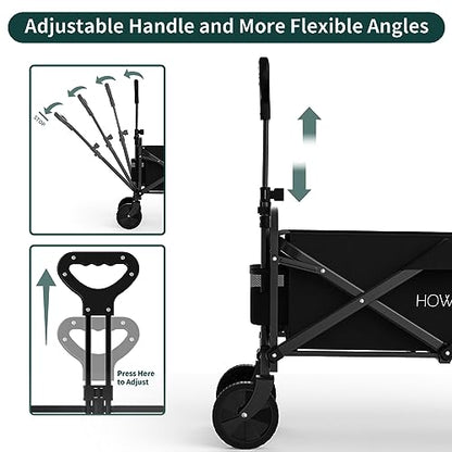 Collapsible Wagon, Wagon Cart with Wheels Foldable, Utility Wagon Cart with Wheels Foldable, Heavy Duty 100L Large with Drink Holders for Garden, Camping, Beach, Shopping(Black)