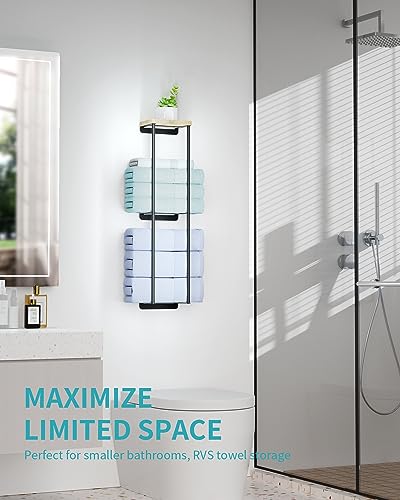 Towel Racks for Bathroom, 2 Tier Wall Towel Holder with Wood Shelf, Metal Wall Towel Rack Mounted Towel Storage for Small Bathroom