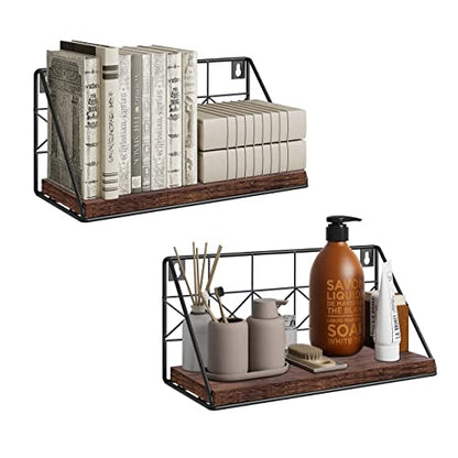 JOIN IRON Floating Set of 2 Wall Mounted Floating Shelves Wood Rustic Storage Shelves for Bedroom, Bathroom, Living Room(Brown)