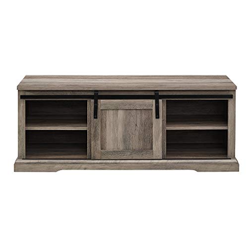 Walker Edison Farmhouse Sliding Grooved Door Entryway Bench Shoe Storage Shelf Hallway Organizer, 48 Inch, Grey Wash