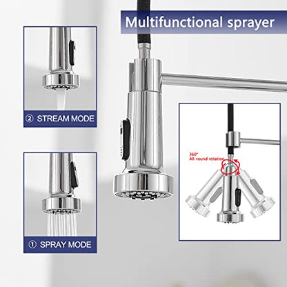 VOTON Kitchen Faucets with Pull Out Sprayer Commercial Spring Sink Faucet Stainless Steel Chrome Pull Down Single Handle Farmhouse faucets with Deck Plate for Camper Laundry Utility Rv Wet Bar