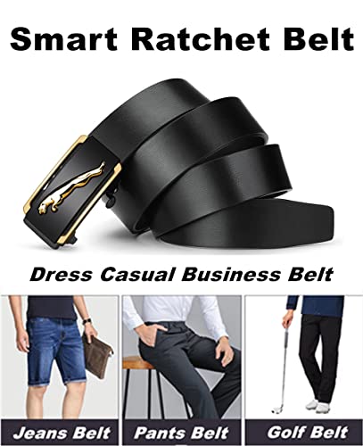 Oyifan Black Leather Belt for Men, 1 3/8 Slide Ratchet Belt For Men Dress Pant Shirt Oxfords Casual Jeans, trim To Fit