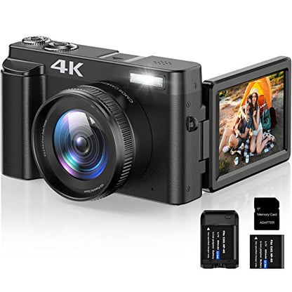 4K Digital Camera for Photography and Video Autofocus 16X Digital Zoom, 48MP Vlogging Camera with 32GB SD Card, 3'' 180° Flip Screen Compact Camera for Travel,2 Batteries Charger Stand