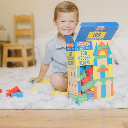 Melissa & Doug Wooden Building Set - 100 Blocks in 4 Colors and 9 Shapes