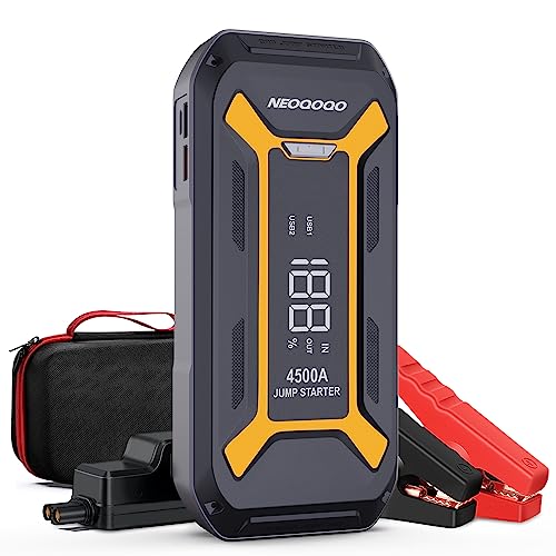 NEOQOQO Car Jump Starter, 4500A Peak Battery Jumper Starter Portable(10L Gas & 8L Diesel Engine), 12V Car Jumper Battery Pack with Smart Jumper Cables, Quick Charge, 3”Large Display, LED Light