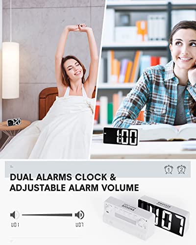 Mesqool Digital Alarm Clock for Bedroom, White, 7-Inch Screen, Adjustable Brightness, Loud Alarm, USB Charger, 12H/24H Time Format, Night Light, Dual Alarms, 18-Month Warranty