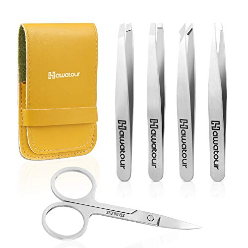 Tweezers Set, 4Pcs Eyebrows Tweezers and a Pair of Scissor with Leather Case, Great Precision for Eyebrow, Ingrown Hair, Splinter, Facial Hair Removal By HAWATOUR, Silver