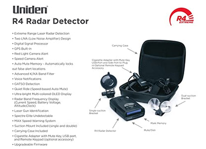 UNIDEN R4 Extreme Long-Range Laser/Radar Detector, Record Shattering Performance, Built-in GPS w/AUTO Mute Memory, Voice Alerts, Red Light & Speed Camera Alerts, Multi-Color OLED Display