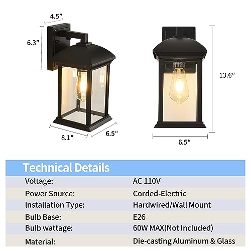 Smeike Large Outdoor Wall Lantern, Matte Black Outdoor Porch Light Wall Mount, Anti-Rust Aluminum Waterproof Sconce Lights, Exterior Lights with Clear Glass for House, Garage, Porch