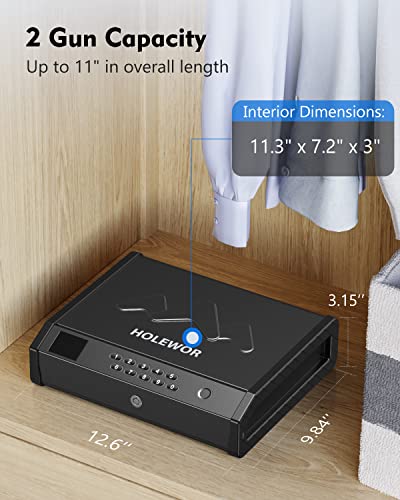 HOLEWOR Gun Safe, Biometric Gun Safes for Pistols with LCD Display of Temperature Humidity, Fingerprint Quick Access Pistol Safe Sturdy Handgun Safe with USB C Port Black