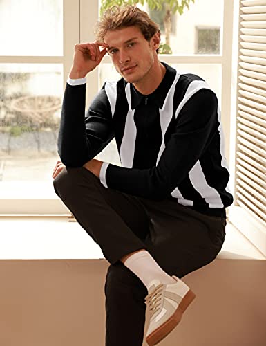 Men's Quarter Zip Polo Knitted Pullover Sweater Casual Contrast Striped Lapel Collar Long Sleeve Sweater Tops Black M