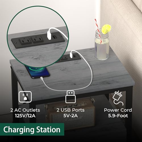 GGWEW Night Stand with Charging Station, Nightstand with Adjustable Drawer & Shelf, Small Nightstands for Bedroom, Fabric Drawer with MDF Front, 5.9ft Power Cord - Light Grey Blue