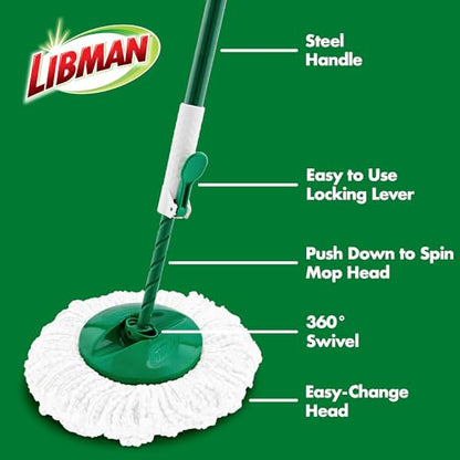 Libman Tornado Spin Mop System Plus 1 Refill Head | Mop and Bucket with Wringer Set | Libman Mop for Floor Cleaning | Hardwood Floor Mop | 2 Total Mop Heads Included,Green