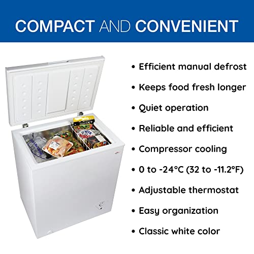 Koolatron Compact Chest Freezer, 5.0 cu ft (155L), White, Manual Defrost Deep Freeze, Storage Basket, Space-Saving Flat Back, Stay-Open Lid, Front-Access Defrost Drain, for Apartment, Condo, Cottage