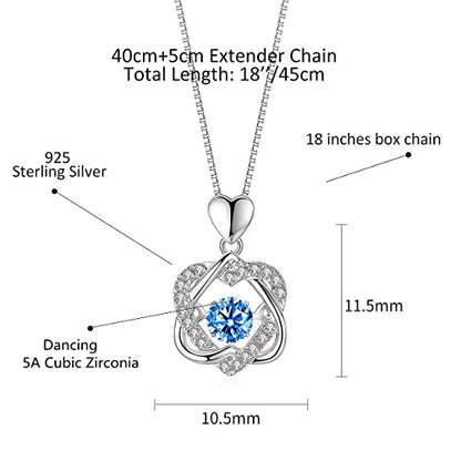 Sparkling Dancing Diamond Necklace - Dainty 925 Sterling Silver Pendant with Cubic Zirconia Birthstones for Women and Girls - Ideal Gift for Valentine's Day, Christmas (HeartBlue)