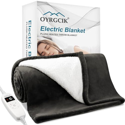 Heated Blanket Electric Throw, 50" x 60" Electric Blanket, 10 Heat Levels & 1-8hrs Timer Auto-Off, ETL Certified, Mashine Washable, Full Body Soft Flannel Sherpa Heating Blankets for Home Bed Office