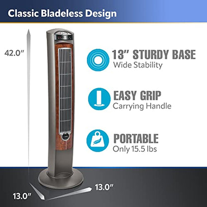 Lasko Oscillating Tower Fan, Nighttime Setting, Remote Control, Portable, Timer, for Bedroom, Home and Office, 3 Quiet Speeds, 42.5", Silverwood, T42954, woodgrain and grey
