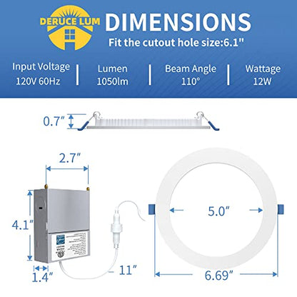 Deruce Lum 12 Pack 6 Inch 3000k Ultrathin Led Recessed Light, Superbright recessed Lighting 6 inches led recessed Light for Living Room Bedroom Kitchen Hallway12W 1050lm- ETL&Energy Star Certified