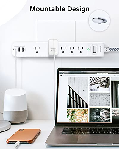 2 Pack Power Strip Surge Protector - 5 Widely Spaced Outlets 3 USB Charging Ports, 1875W/15A with 5Ft Braided Extension Cord, Flat Plug, Overload Surge Protection, Wall Mount for Home Office,White