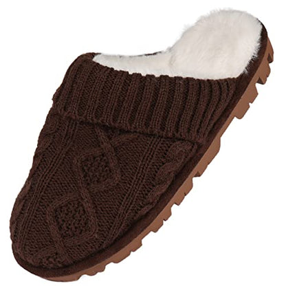 Footsuite Women's Knitted Memory Foam Scuff Mule Slipper with Faux Fur Lining, Slip-on Outdoor Indoor House Shoes(Coffee, 9-10)