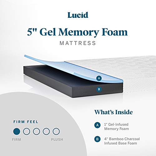 LUCID 5 Inch Memory Foam Bamboo Charcoal Mattress and 9 Inch Steel Foldable Full Box Spring Foundation with Center Support Bolts and Cover