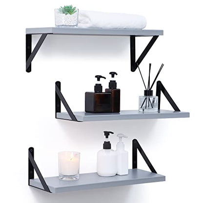 Fun Memories Floating Shelves for Wall Set of 3, Modern Grey Wall Mounted Shelves for Home Decor Storage, Floating Book Shelf Bathroom Shelf with Visible Bracket