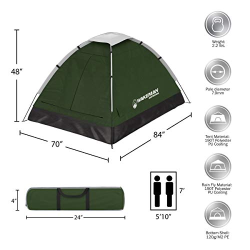2-Person Camping Tent - Shelter with Rain Fly and Carrying Bag - Lightweight Outdoor Tent for Backpacking, Hiking, and Beach by Wakeman (Green)