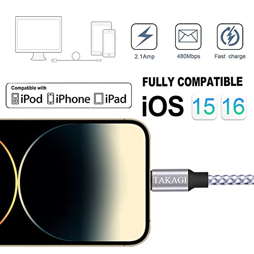 TAKAGI [Apple MFi Certified] iPhone Charger, Lightning Cable 3PACK 6FT Nylon Braided USB Charging Cable High Speed Transfer Cord Compatible with iPhone 14/13/12/11 Pro Max/XS MAX/XR/XS/X/8/iPad