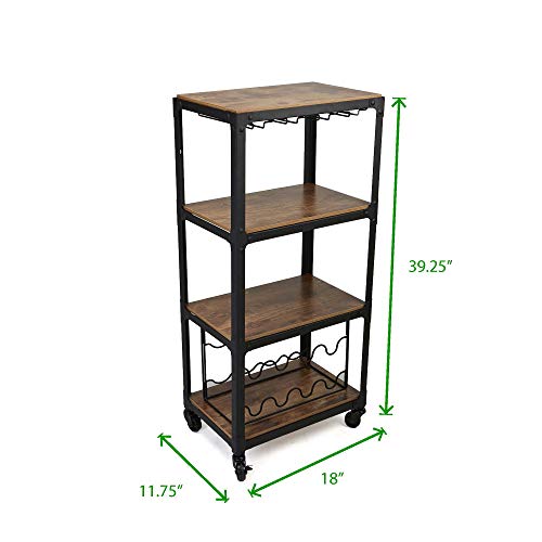 Mind Reader Bar Cart, Wine Rack, Kitchen Storage, Rolling, Utility Cart, Storage, Wood, Metal, 17.85"L x 12"W x 39"H, Brown