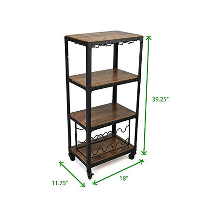 Mind Reader Bar Cart, Wine Rack, Kitchen Storage, Rolling, Utility Cart, Storage, Wood, Metal, 17.85"L x 12"W x 39"H, Brown