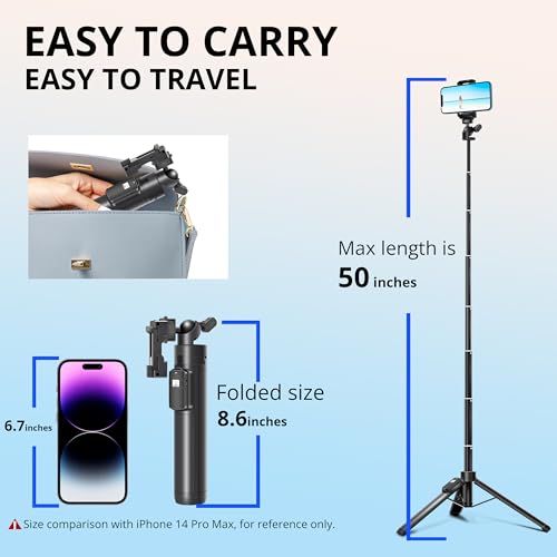 Selfie Stick, 50 inch Selfie Stick Tripod with Wireless Remote, Phone Tripod Stand Compatible with iPhone 15 14 13 12 11 pro Samsung Note 22 10 S23