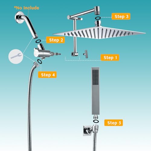 All Metal Rain Shower Head with Handheld Combo, 10'' High Pressure Rainfall Shower Head Sprayer, Handheld Shower Head with Shower Holder, Adjustable Extension Arm, Bathroom Upgrade, Polished Chrome