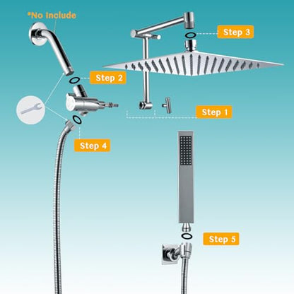All Metal Rain Shower Head with Handheld Combo, 10'' High Pressure Rainfall Shower Head Sprayer, Handheld Shower Head with Shower Holder, Adjustable Extension Arm, Bathroom Upgrade, Polished Chrome