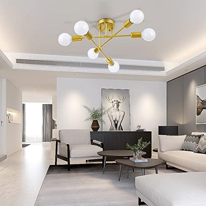 Soilsiu Modern Sputnik Chandelier Ceiling Light Fixture, 6-Light Gold Mid Century Semi Flush Mount Ceiling Lights for Bedroom, Dining Room, Living Room, Kitchen, Office (Gold, W:16.5",H:8")
