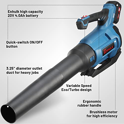 Enhulk Leaf Blower Cordless, 430 CFM Max Electric Jet Blower with Powered Brushless Motor, 20V 4.0Ah Battery & Fast Charger, High/Low-Speed Handheld Blowers for Lawn Care Yard Work Around The House