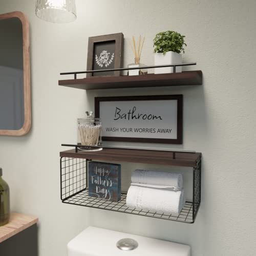 WOPITUES Floating Shelves with Bathroom Wall Décor Sign, Wood Floating Bathroom Shelves over Toilet with Toilet Paper Storage Basket Set of 3, Floating Shelf with Guardrail for Wall Décor–Rustic Brown
